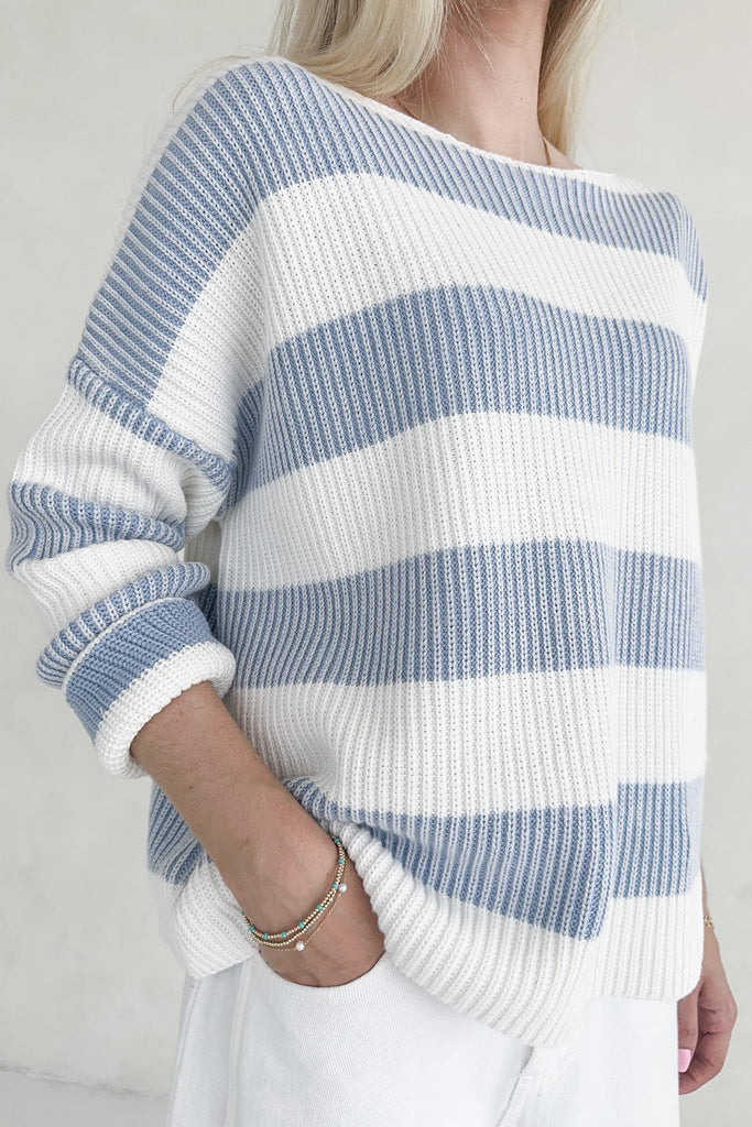 Priscilla Striped Cotton Boat Neck Sweater - Neutral Ground