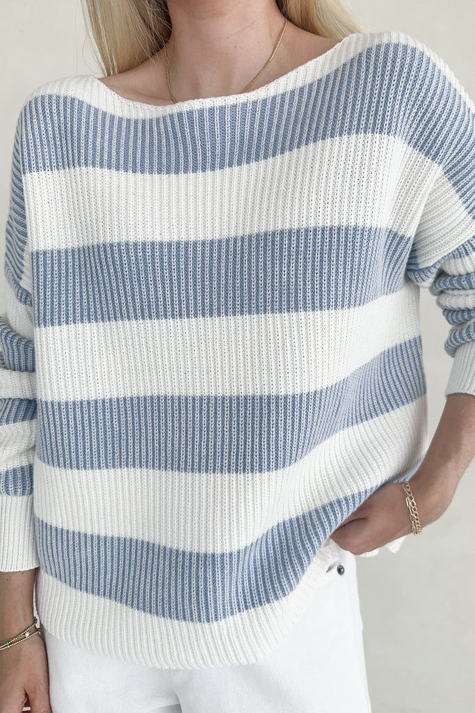 Priscilla Striped Cotton Boat Neck Sweater - Neutral Ground