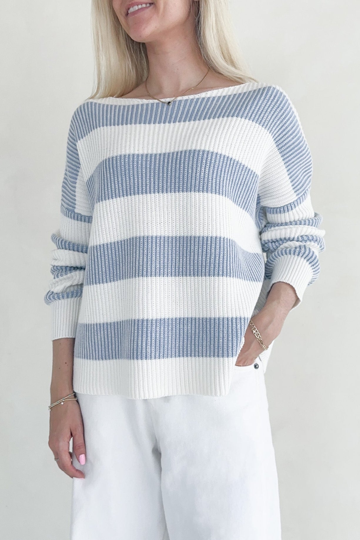 Priscilla Striped Cotton Boat Neck Sweater - Neutral Ground