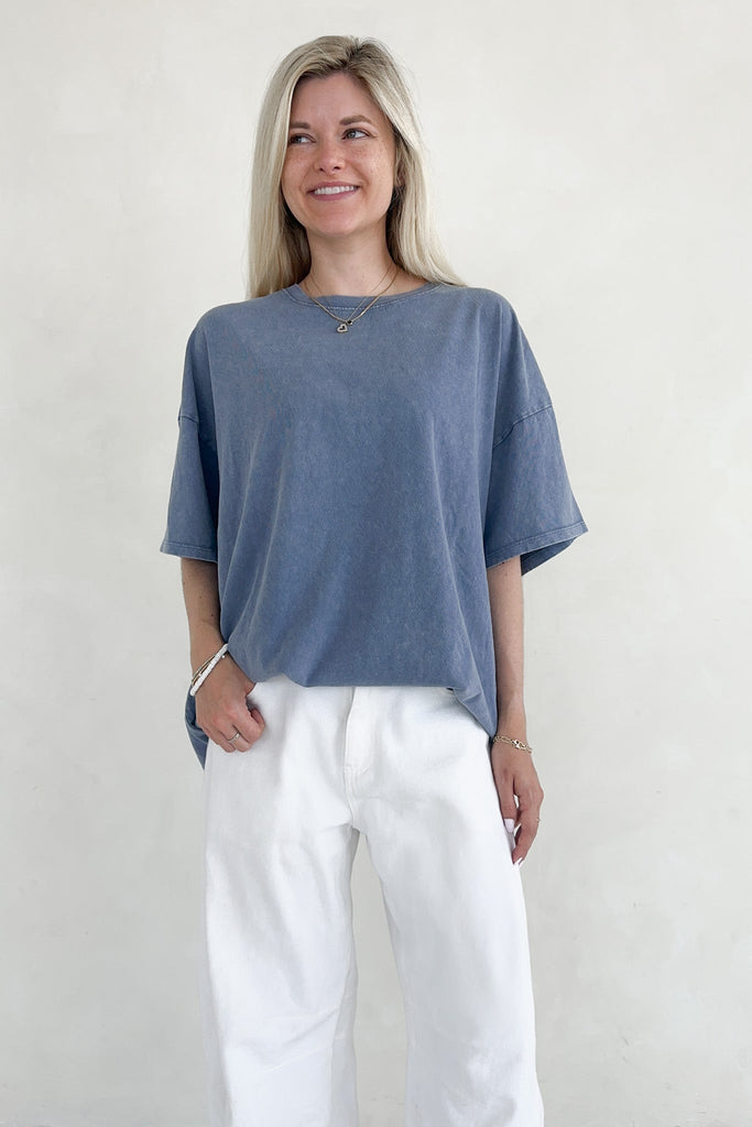 Quinn Cotton Mineral Wash Oversized Crew Neck Tee in Navy - Neutral Ground