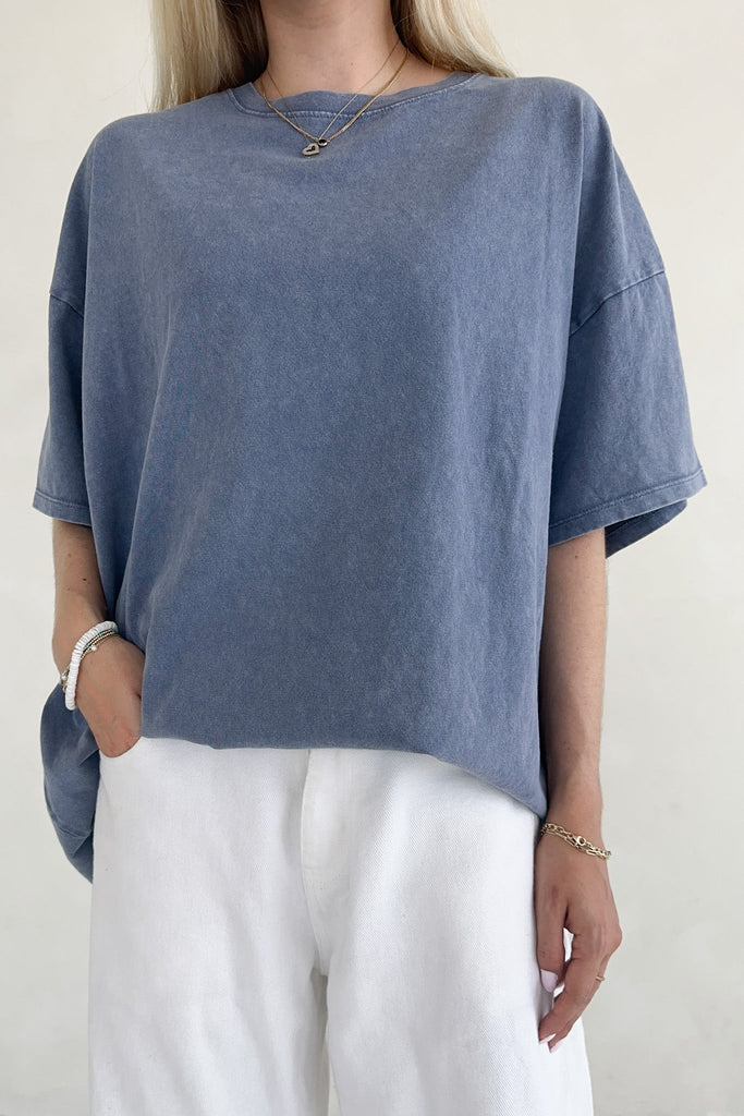 Quinn Cotton Mineral Wash Oversized Crew Neck Tee in Navy - Neutral Ground