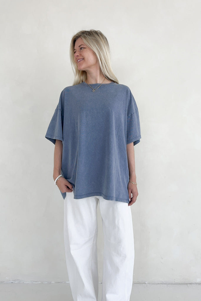 Quinn Cotton Mineral Wash Oversized Crew Neck Tee in Navy - Neutral Ground