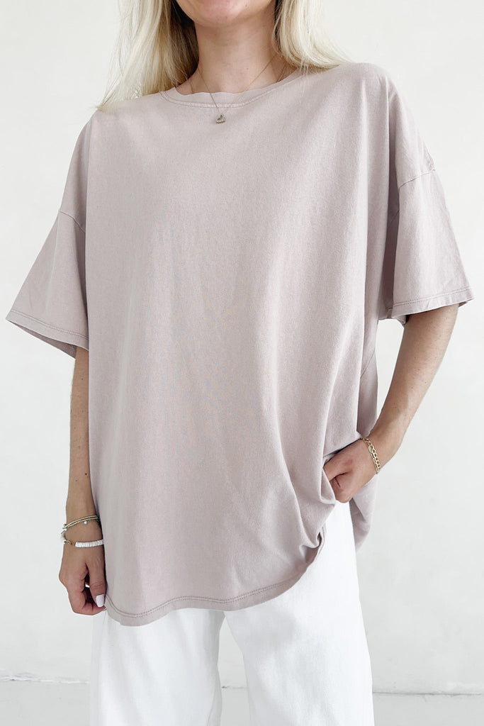Quinn Cotton Mineral Wash Oversized Crew Neck Tee in Taupe - Neutral Ground