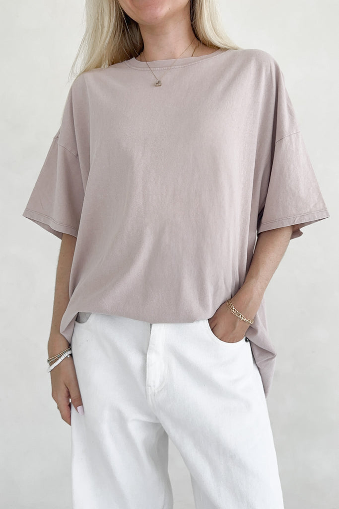 Quinn Cotton Mineral Wash Oversized Crew Neck Tee in Taupe - Neutral Ground
