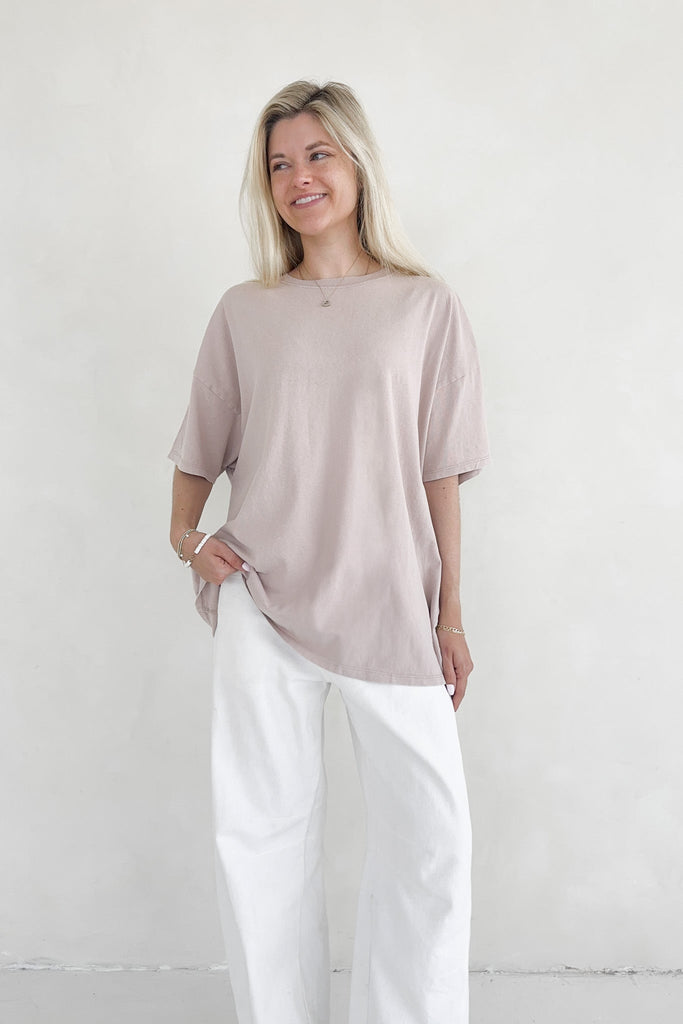 Quinn Cotton Mineral Wash Oversized Crew Neck Tee in Taupe - Neutral Ground