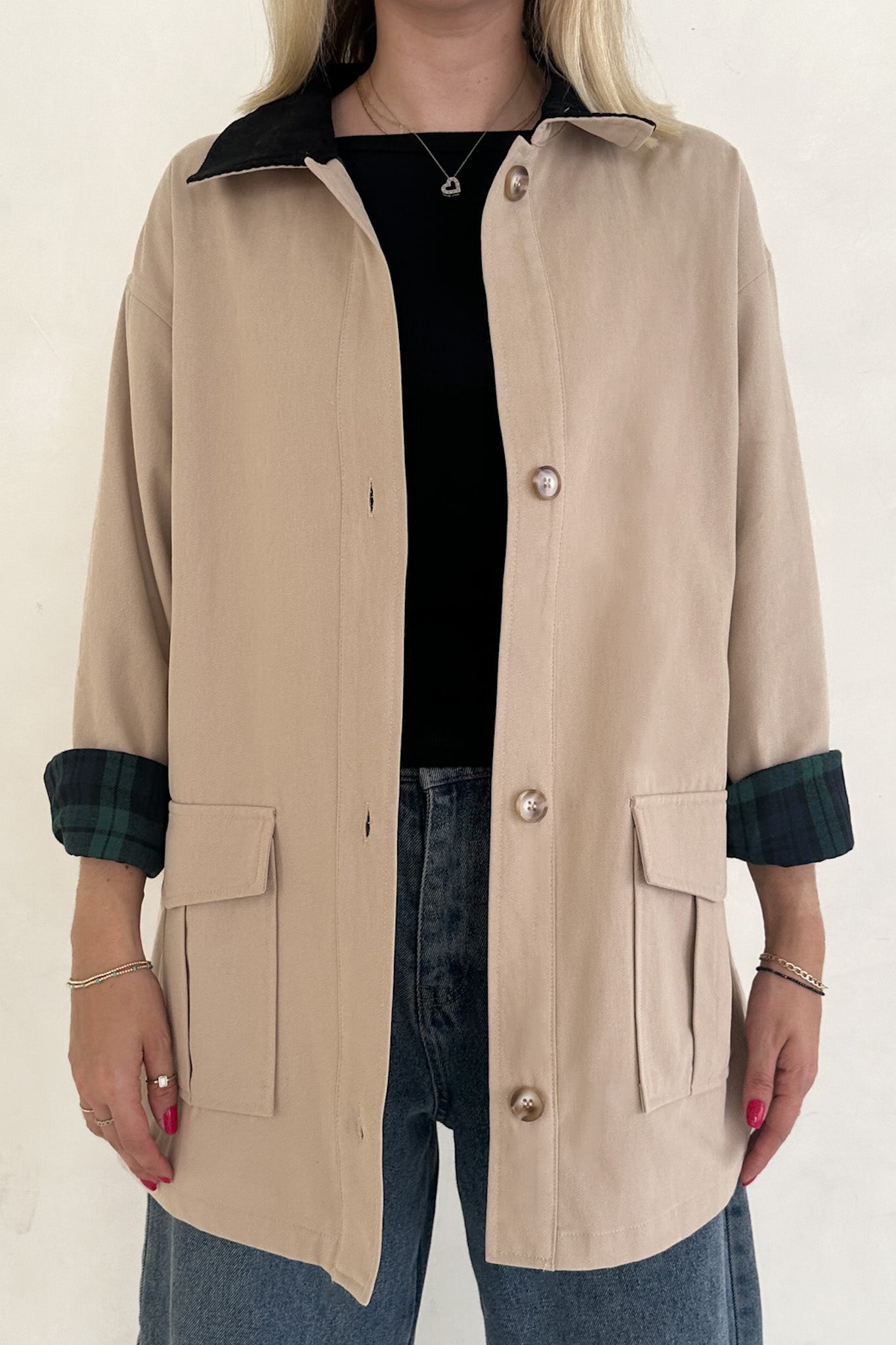 Ralfie Corduroy Collar Oversized Plaid Button Up Coat - Neutral Ground