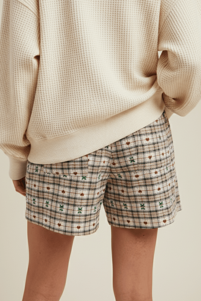 Ralphie Teddy Bear Plaid Boxer Shorts in Evergreen - Neutral Ground