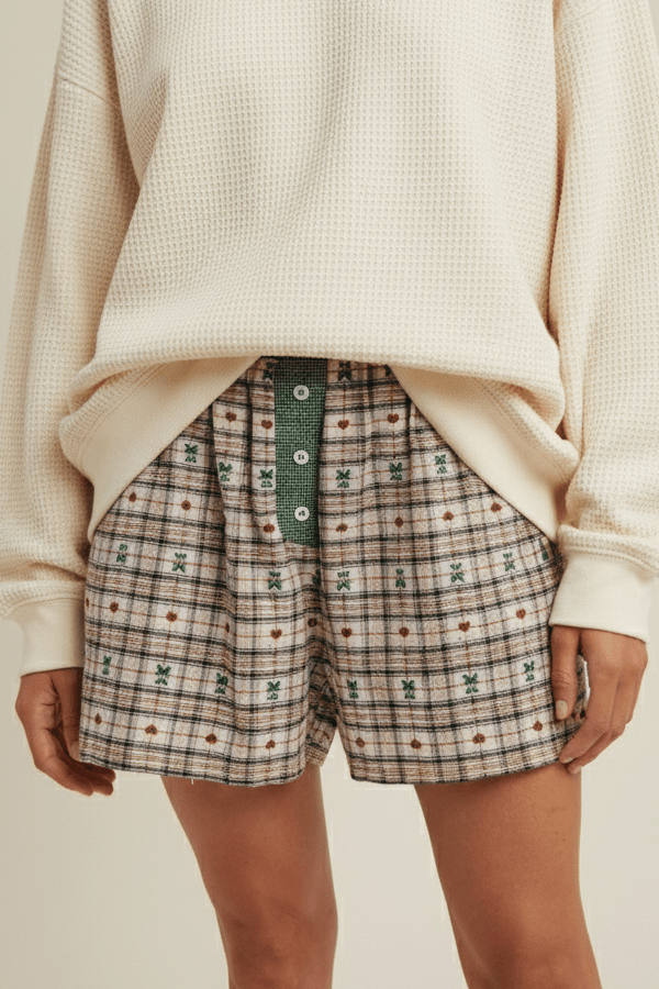 Ralphie Teddy Bear Plaid Boxer Shorts in Evergreen - Neutral Ground