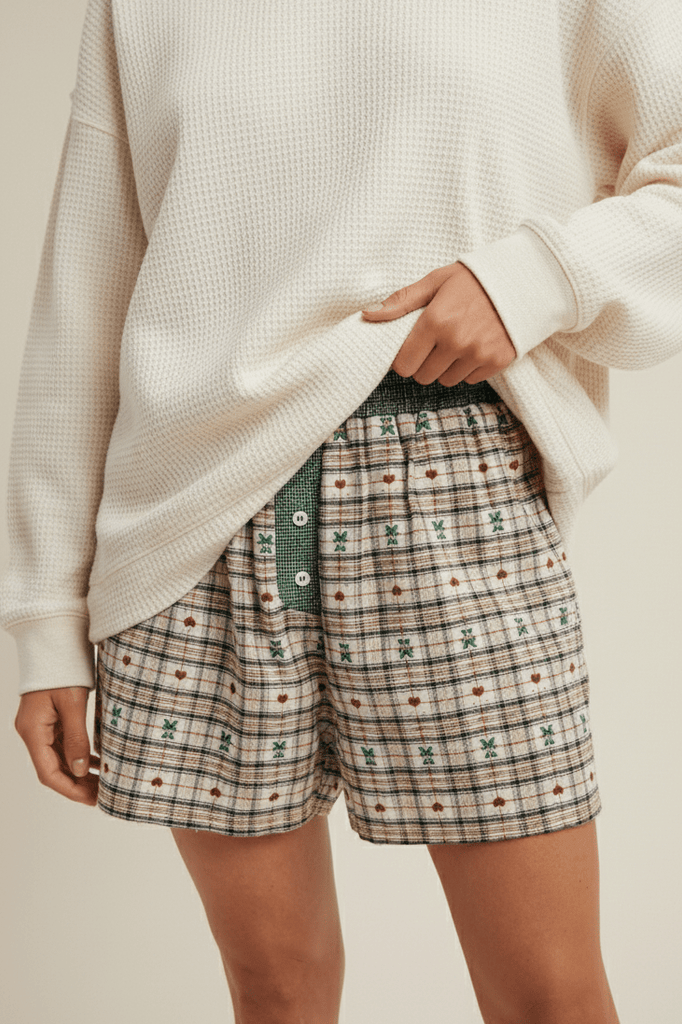 Ralphie Teddy Bear Plaid Boxer Shorts in Evergreen - Neutral Ground