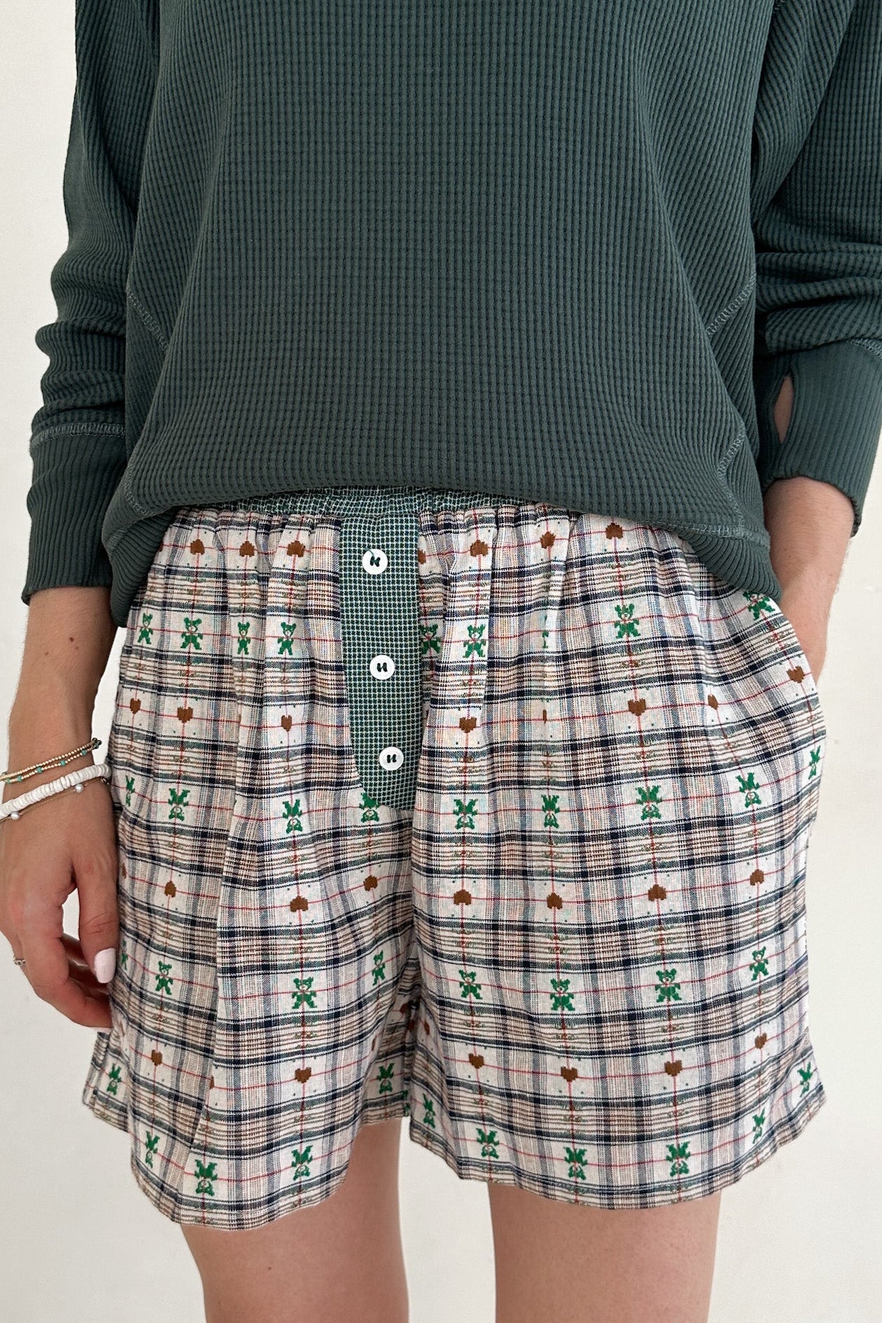 Ralphie Teddy Bear Plaid Boxer Shorts in Evergreen - Neutral Ground