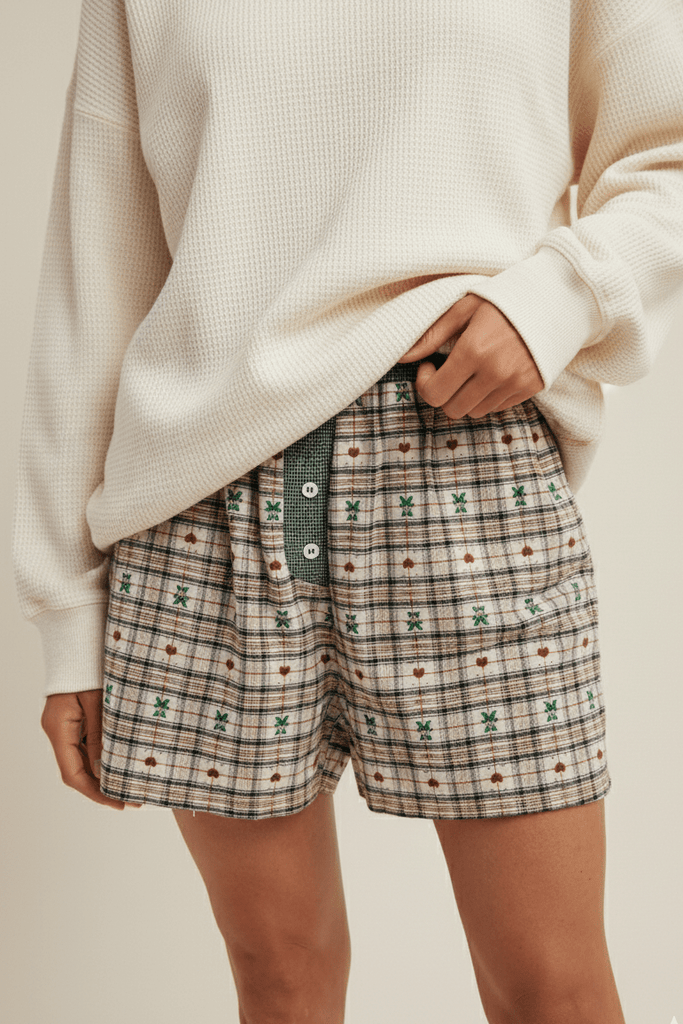Ralphie Teddy Bear Plaid Boxer Shorts in Evergreen - Neutral Ground