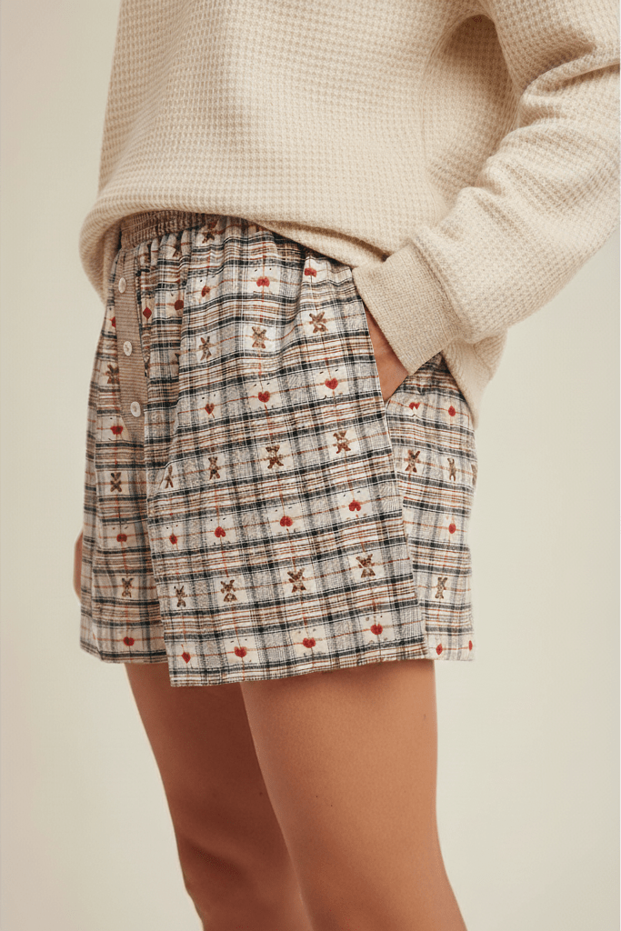 Ralphie Teddy Bear Plaid Boxer Shorts in Taupe - Neutral Ground
