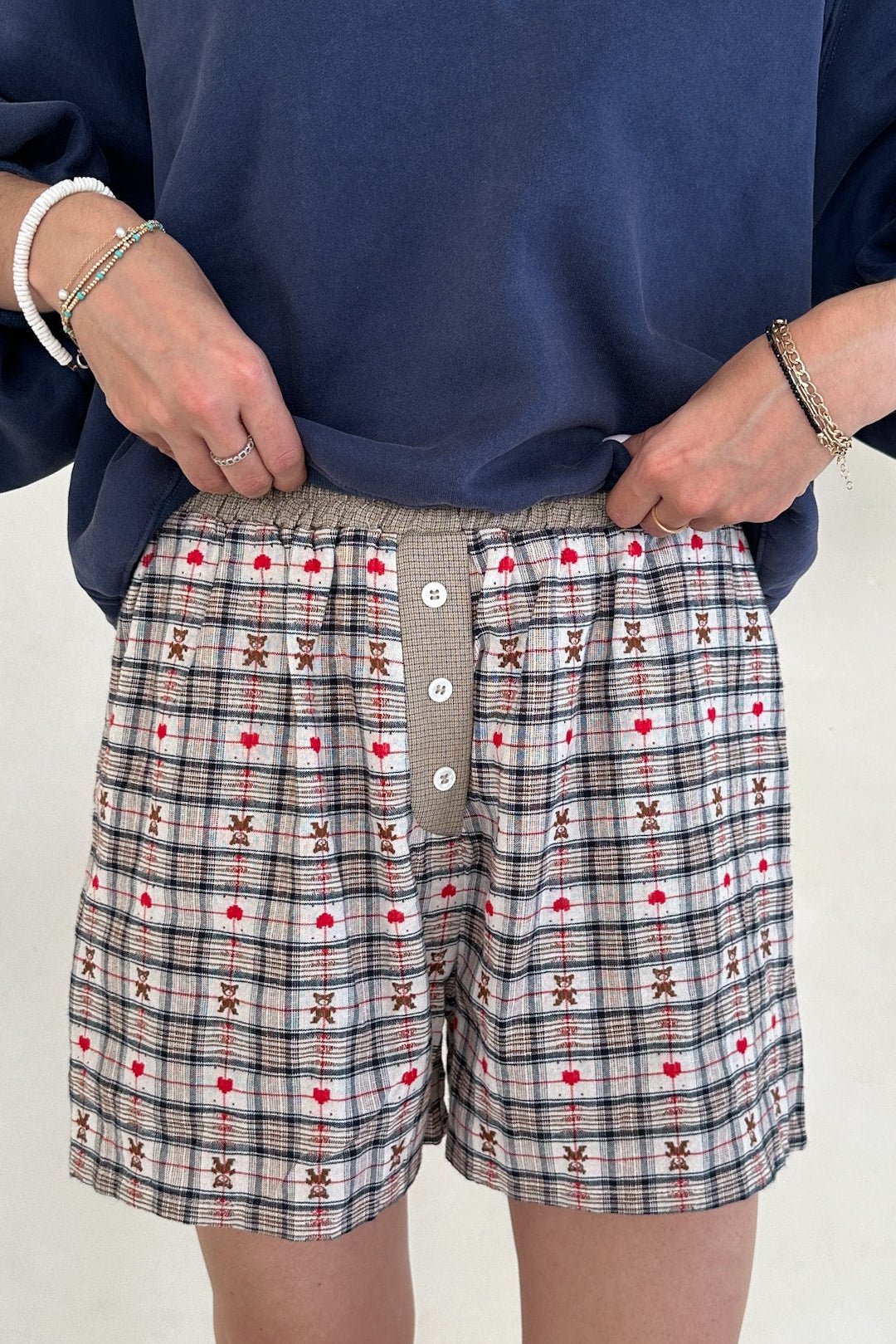 Ralphie Teddy Bear Plaid Boxer Shorts in Taupe - Neutral Ground