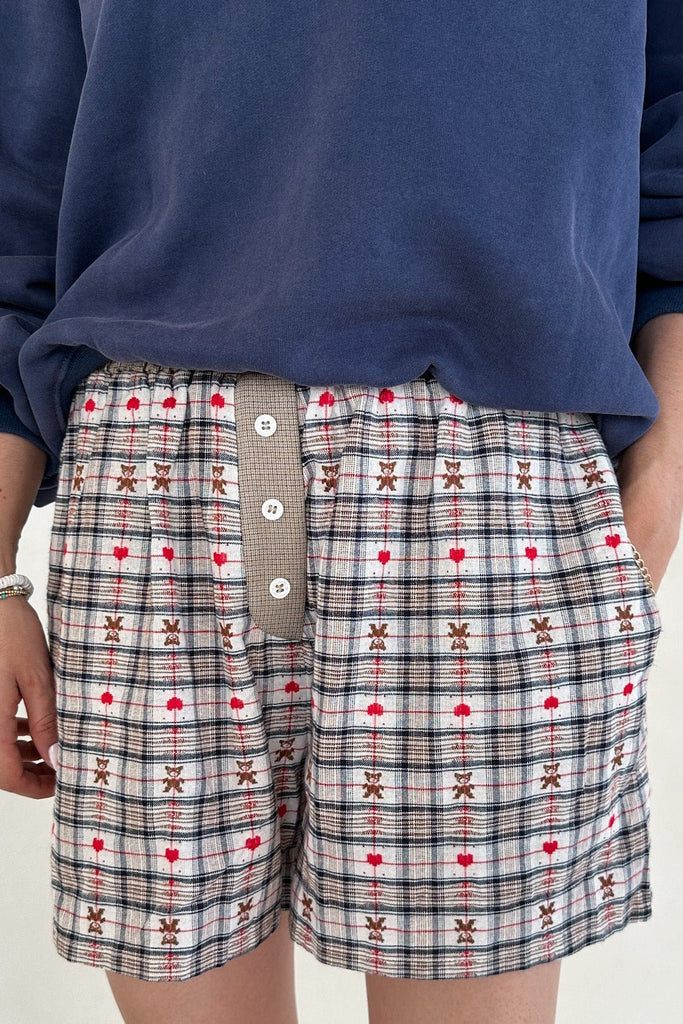 Ralphie Teddy Bear Plaid Boxer Shorts in Taupe - Neutral Ground