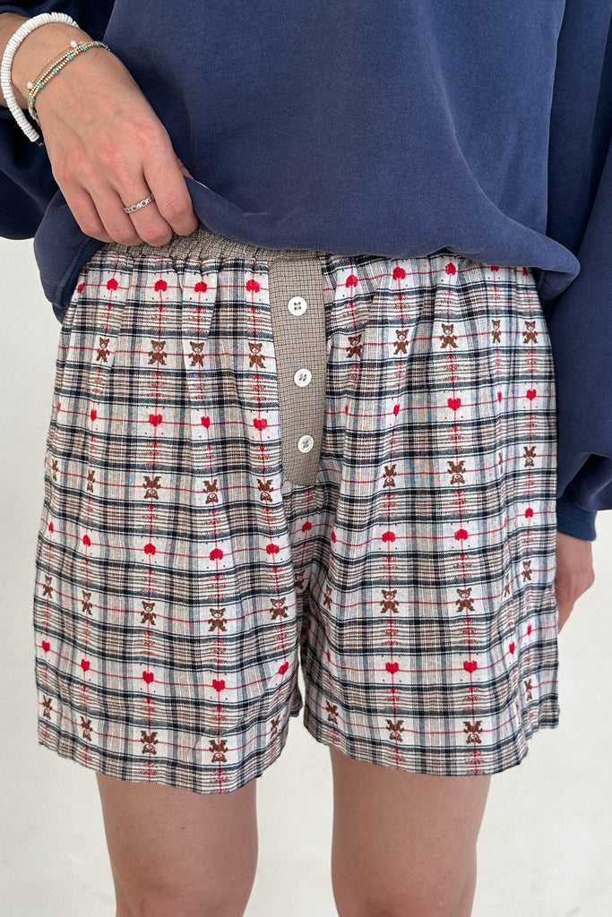 Ralphie Teddy Bear Plaid Boxer Shorts in Taupe - Neutral Ground