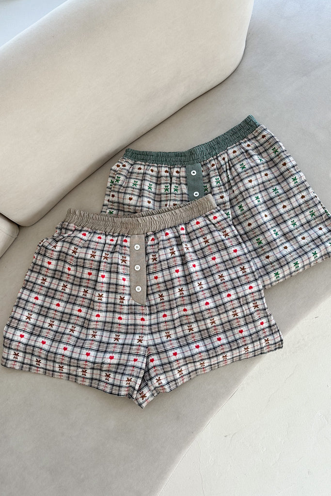 Ralphie Teddy Bear Plaid Boxer Shorts in Taupe - Neutral Ground