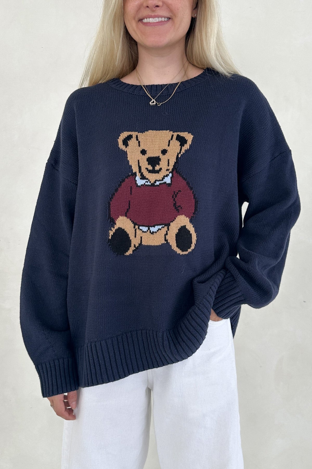Ralphie Teddy Crew Neck Bear Sweater in Navy Blue - Neutral Ground