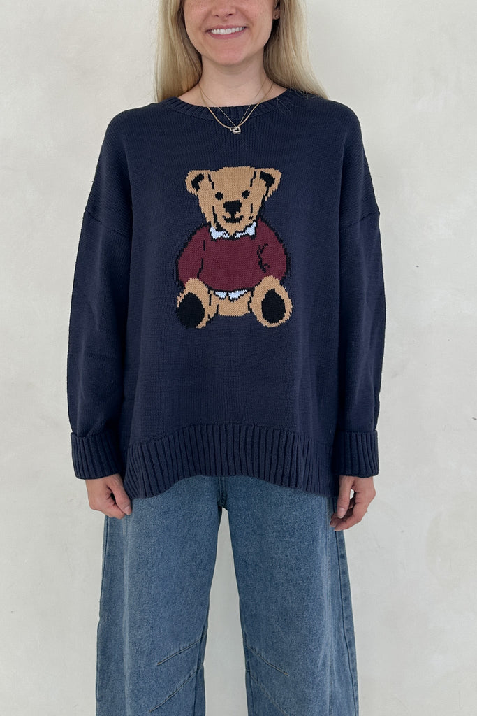 Ralphie Teddy Crew Neck Bear Sweater in Navy Blue - Neutral Ground
