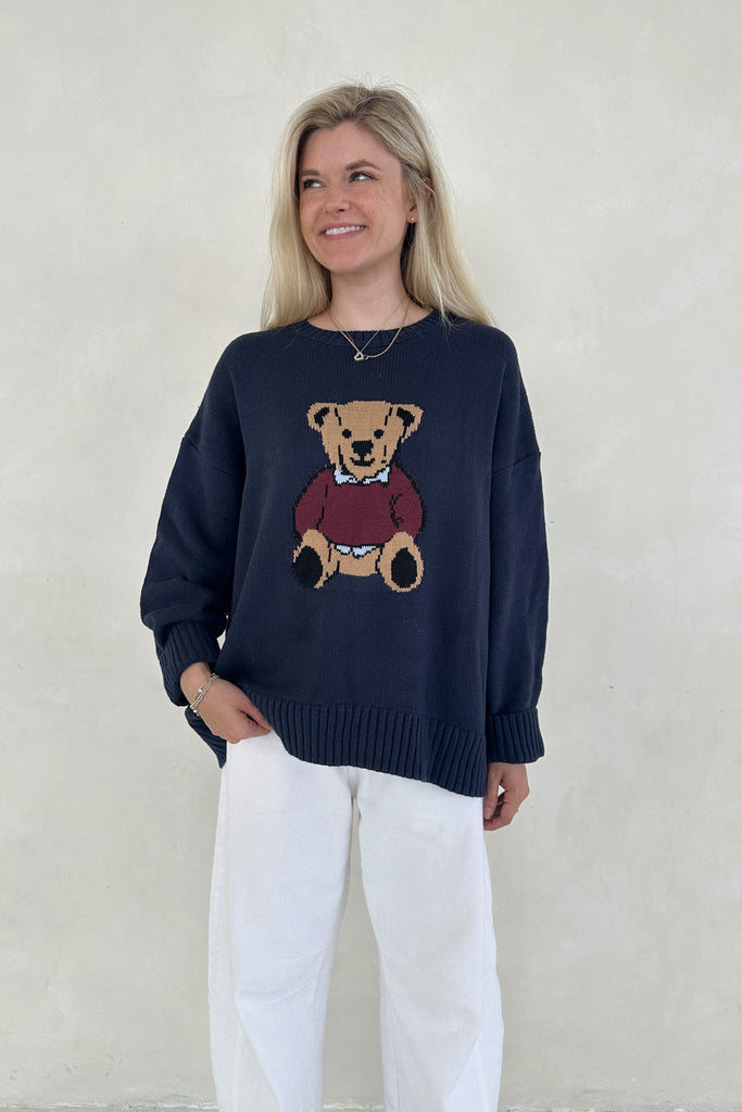 Ralphie Teddy Crew Neck Bear Sweater in Navy Blue - Neutral Ground