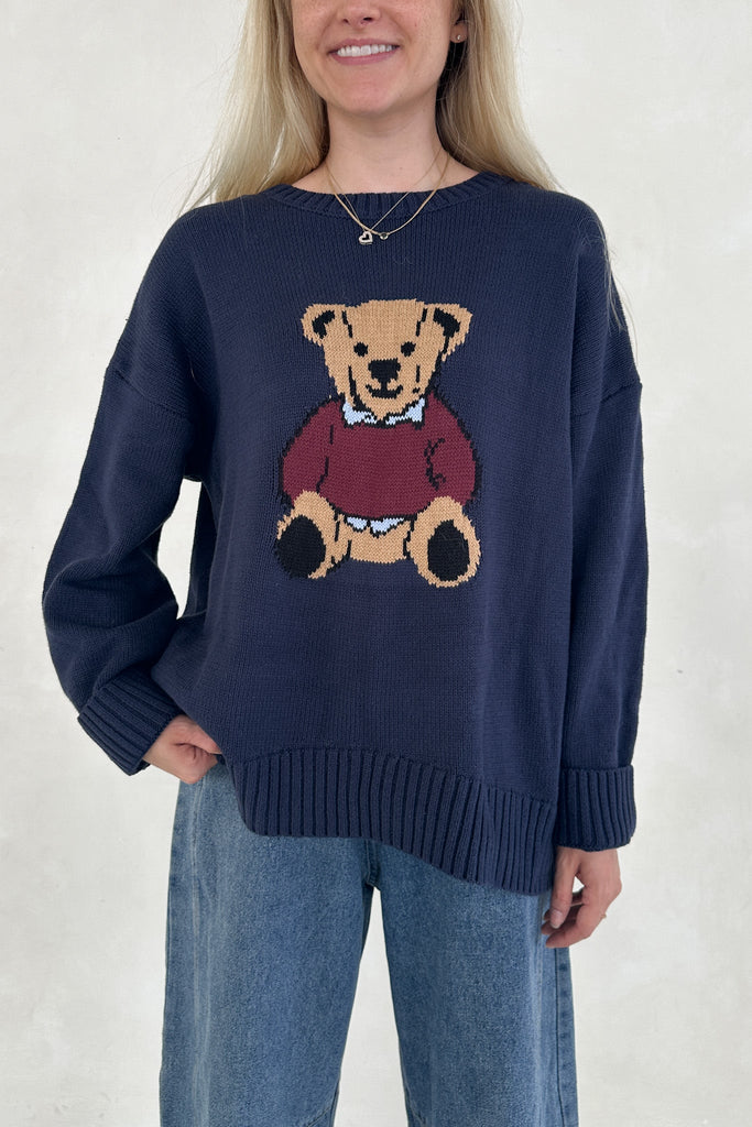 Ralphie Teddy Crew Neck Bear Sweater in Navy Blue - Neutral Ground