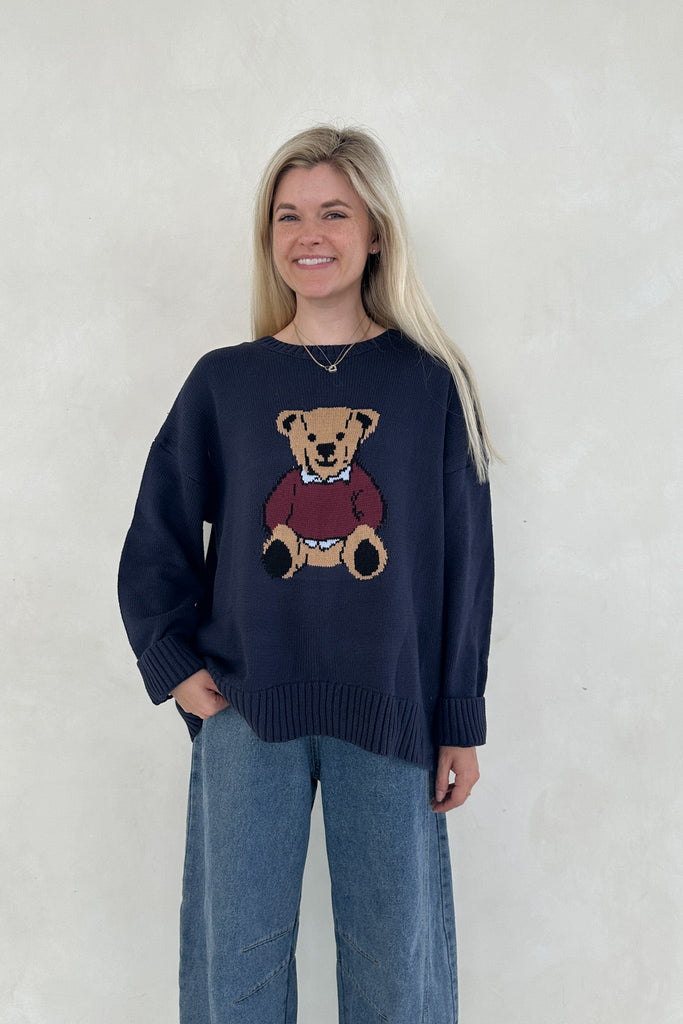 Ralphie Teddy Crew Neck Bear Sweater in Navy Blue - Neutral Ground