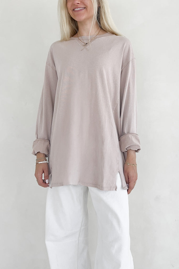 Riley Cotton Mineral Wash Long Sleeve Tee in Taupe - Neutral Ground