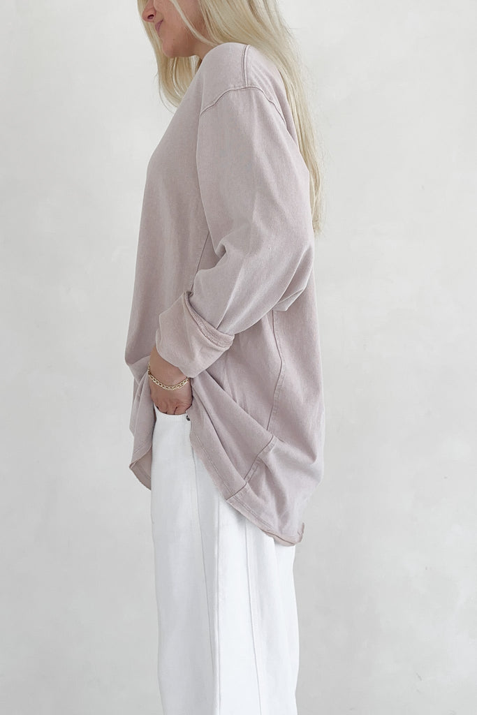 Riley Cotton Mineral Wash Long Sleeve Tee in Taupe - Neutral Ground