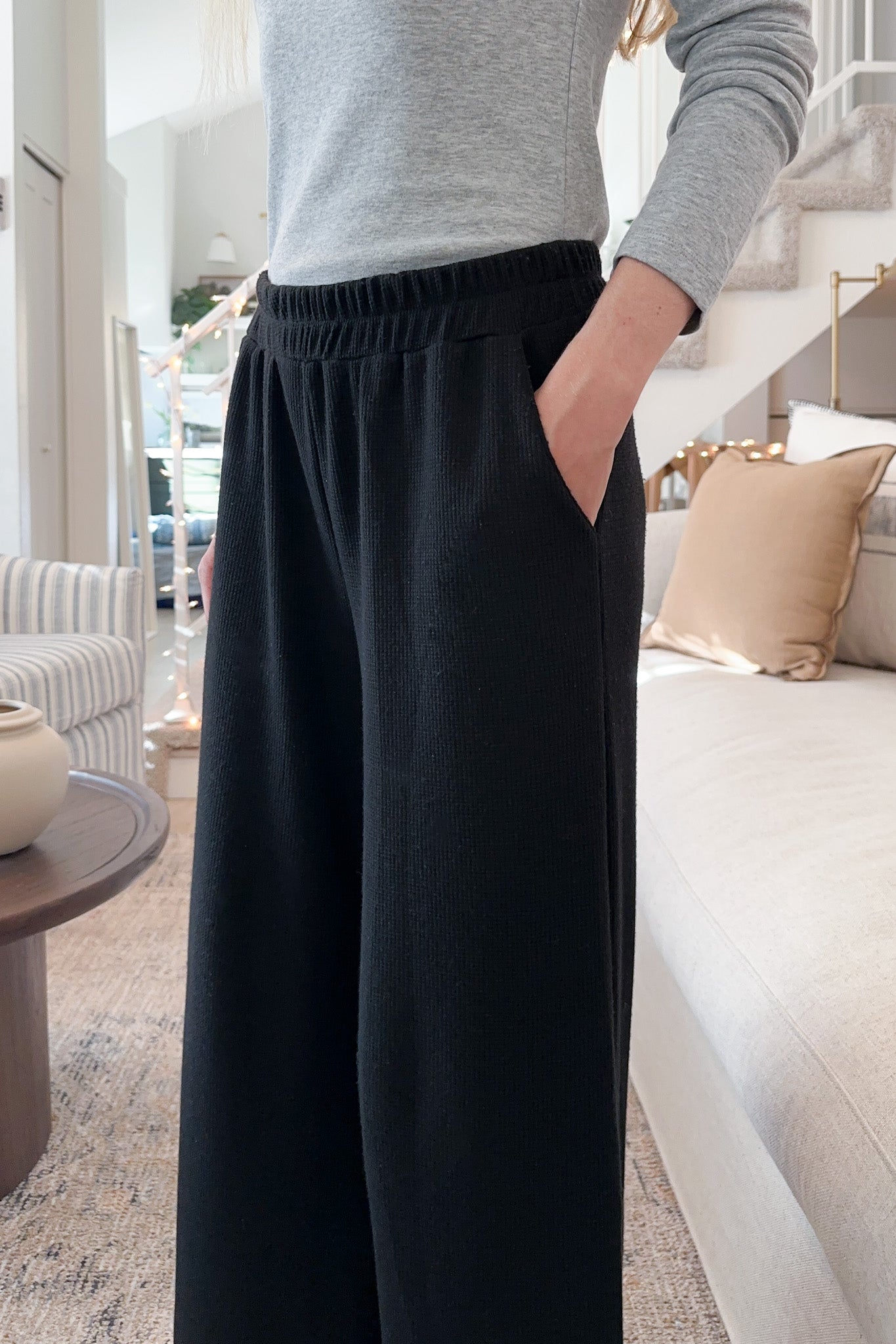 Rowan Waffle Knit Pants in Black - Neutral Ground