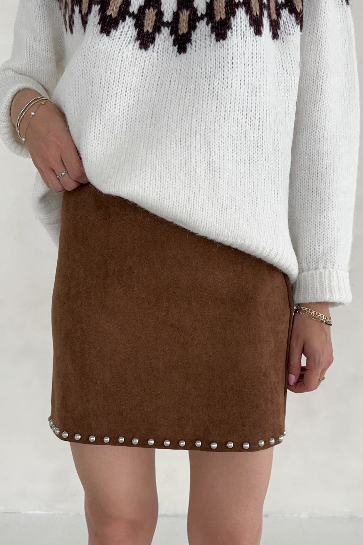 Sabrina Stud Detail Suede Mini Skirt - Neutral Ground