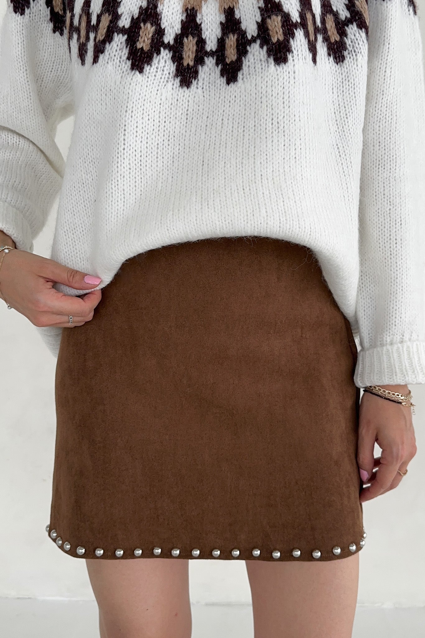 Sabrina Stud Detail Suede Mini Skirt - Neutral Ground