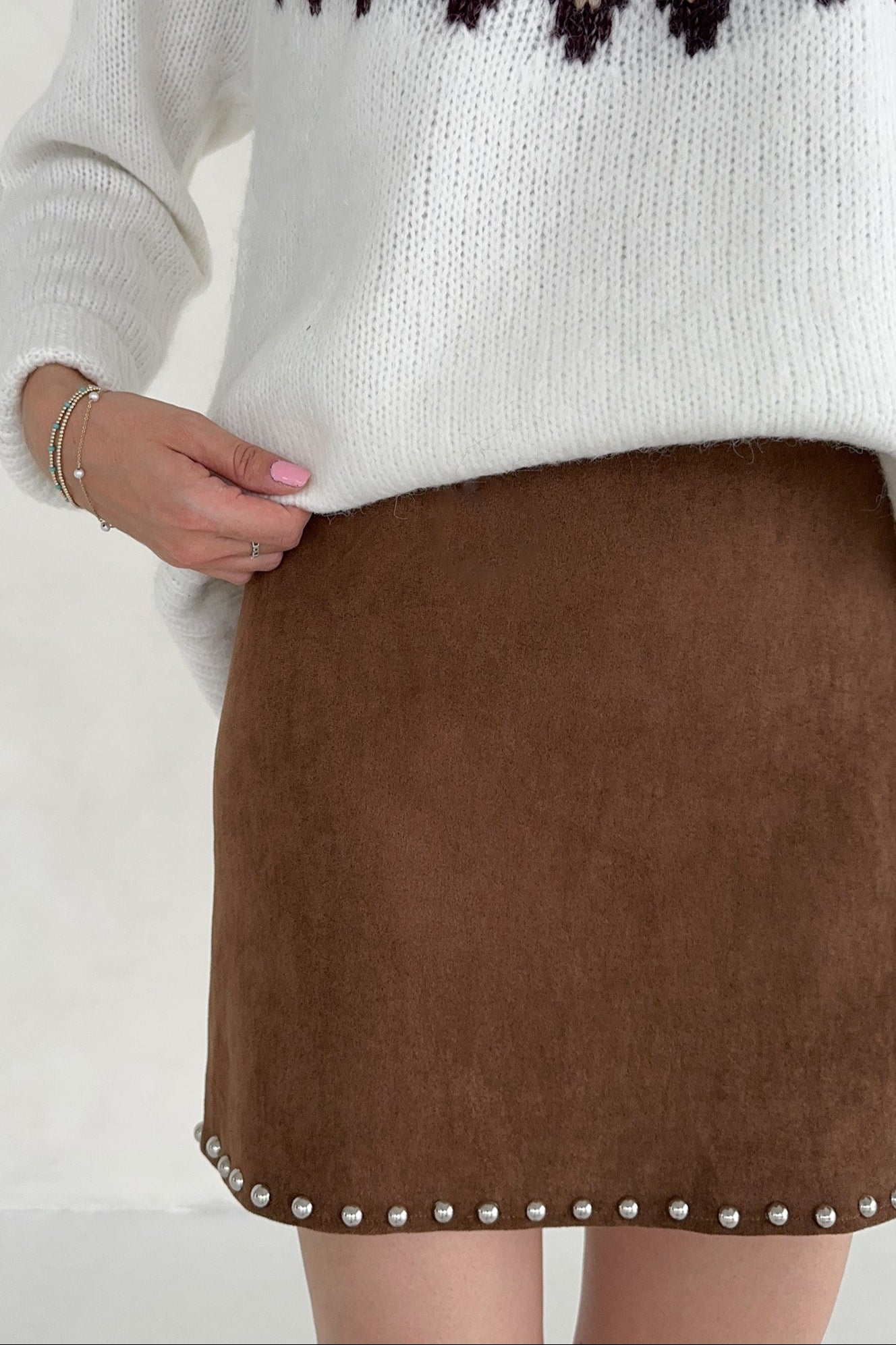 Sabrina Stud Detail Suede Mini Skirt - Neutral Ground