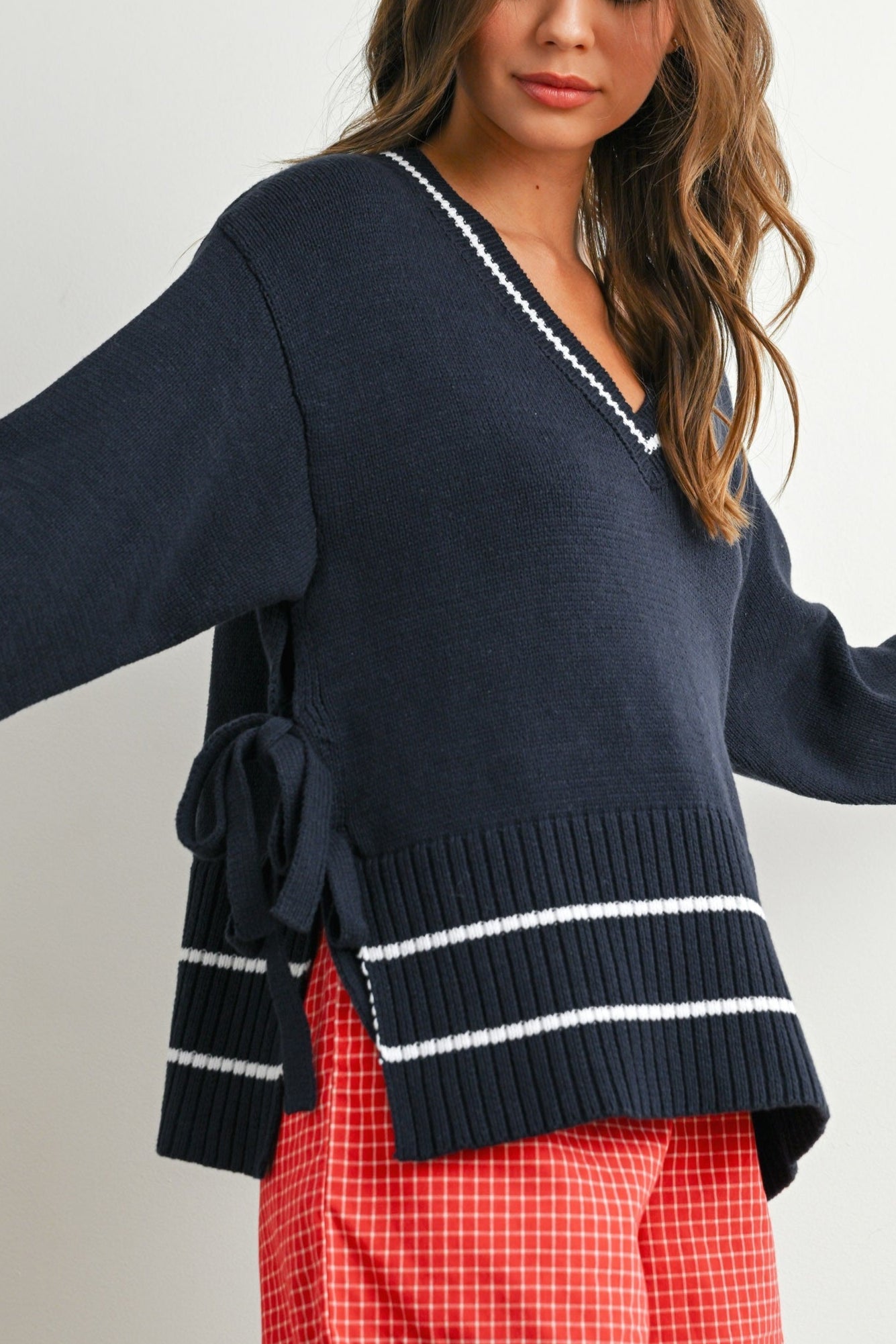 Sadie Side Tie V - Neck Sweater Top - Neutral Ground