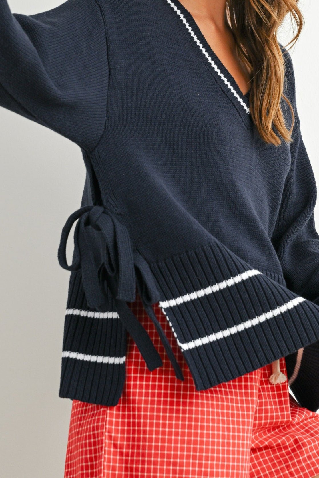 Sadie Side Tie V - Neck Sweater Top - Neutral Ground