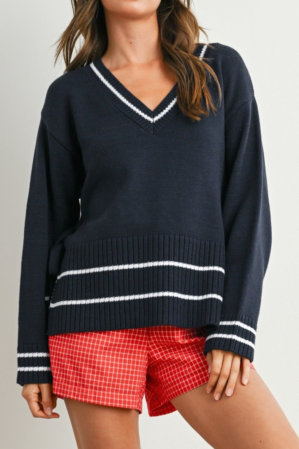 Sadie Side Tie V - Neck Sweater Top - Neutral Ground