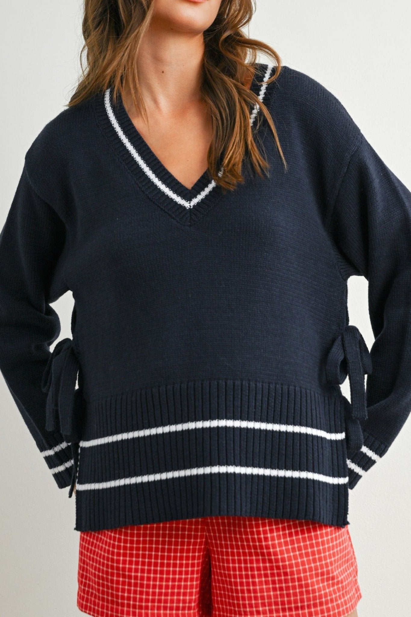 Sadie Side Tie V - Neck Sweater Top - Neutral Ground