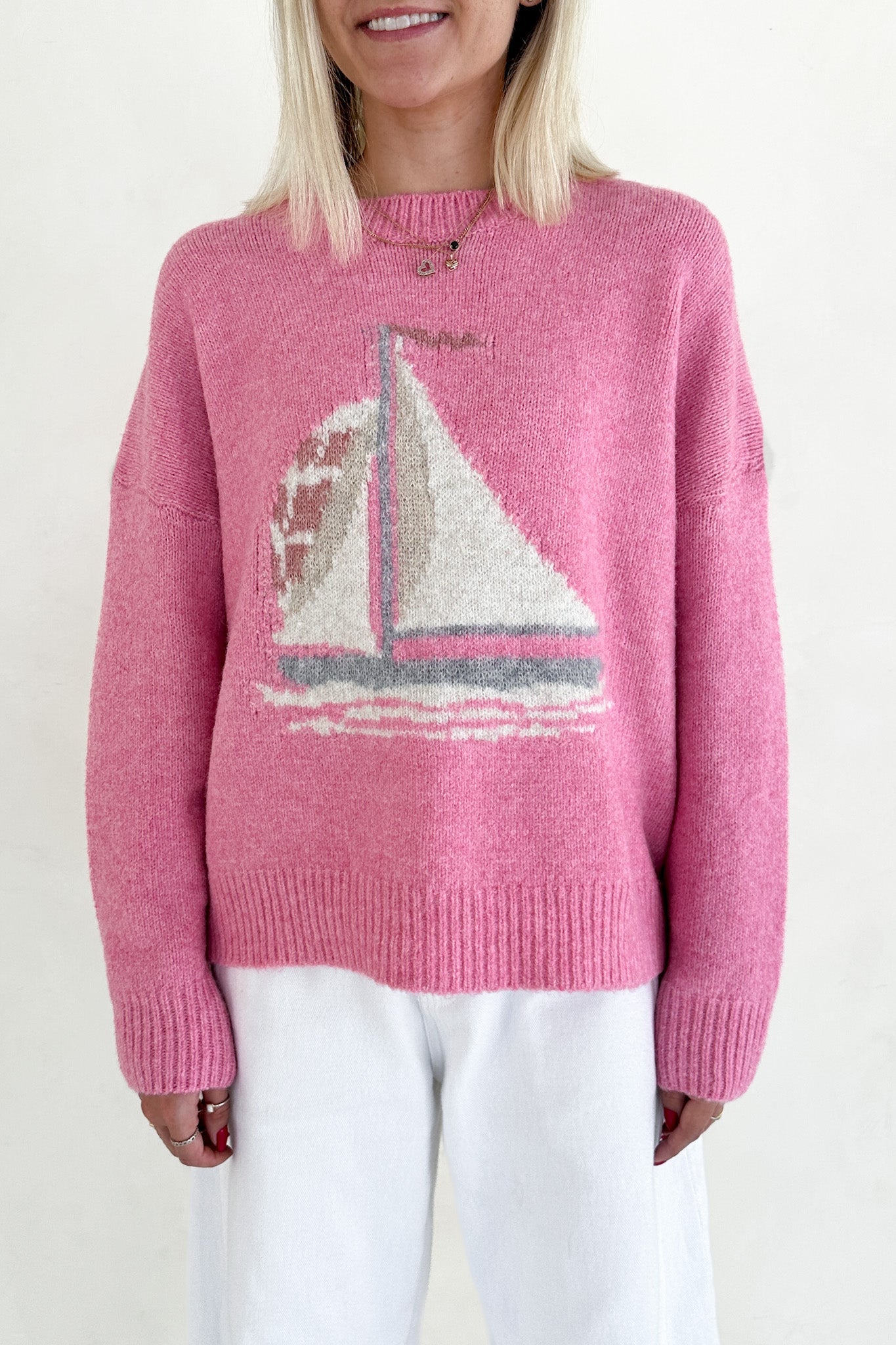 Sail Away Sailboat Knit Sweater in Pink - Neutral Ground