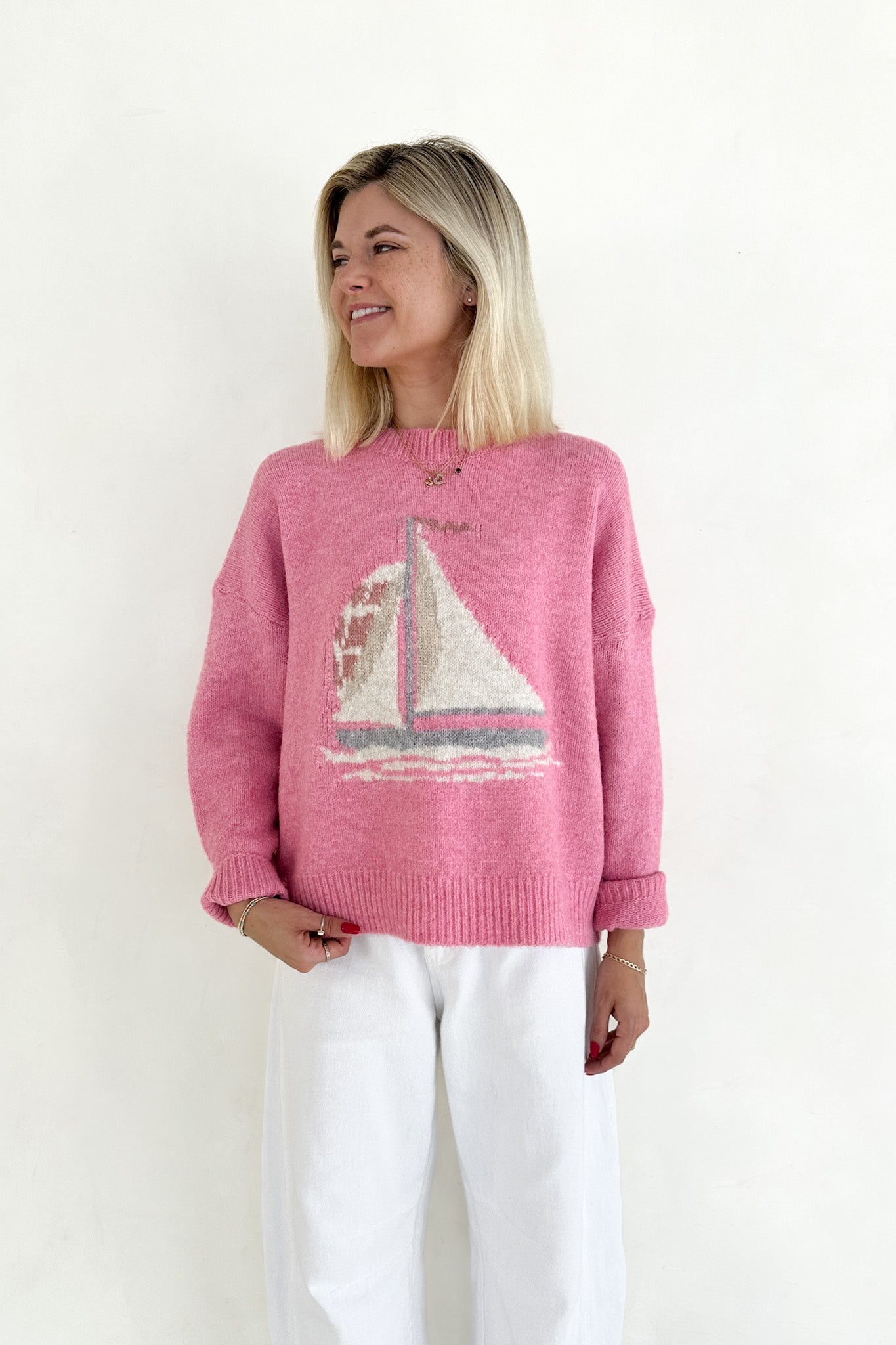 Sail Away Sailboat Knit Sweater in Pink - Neutral Ground