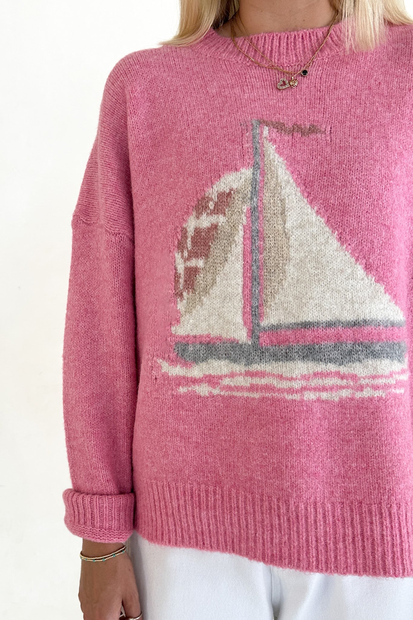 Sail Away Sailboat Knit Sweater in Pink - Neutral Ground