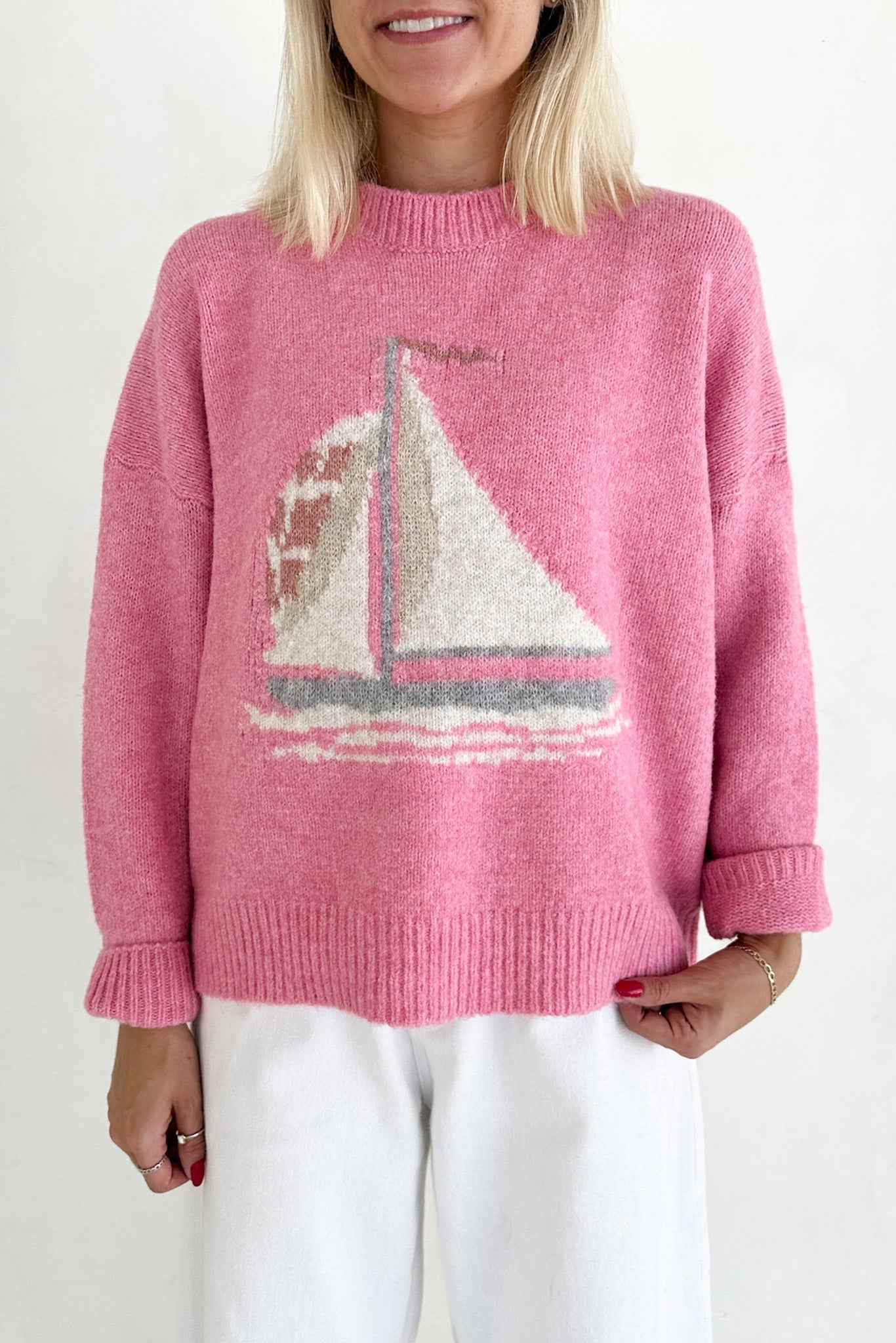 Sail Away Sailboat Knit Sweater in Pink - Neutral Ground