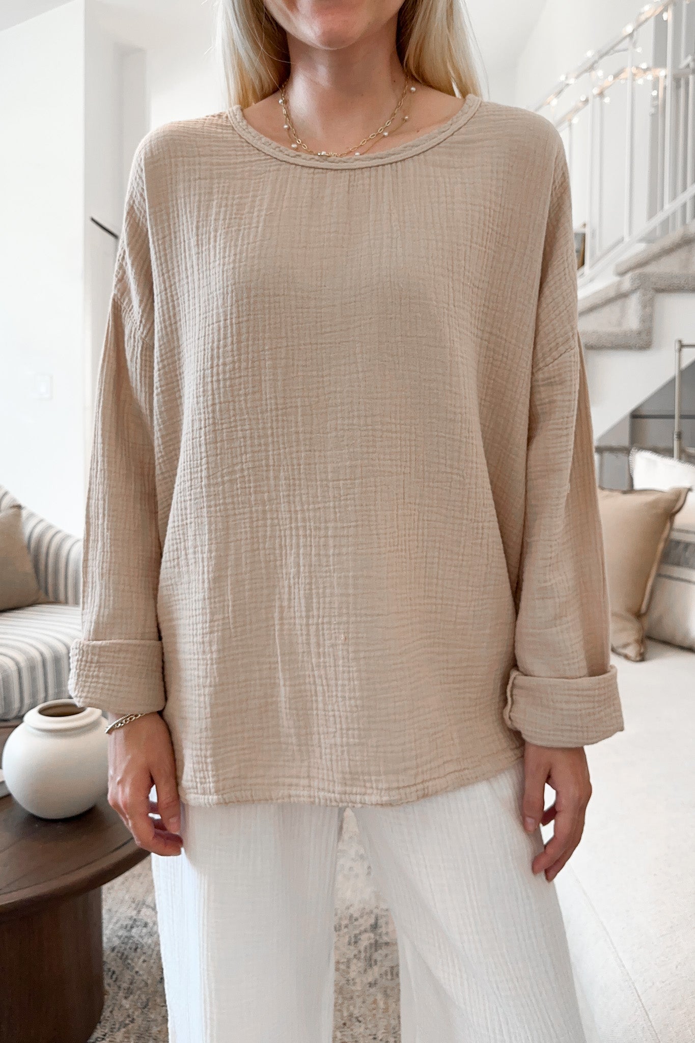 Saturdays Long Sleeve Cotton Blouse in Sand - Neutral Ground