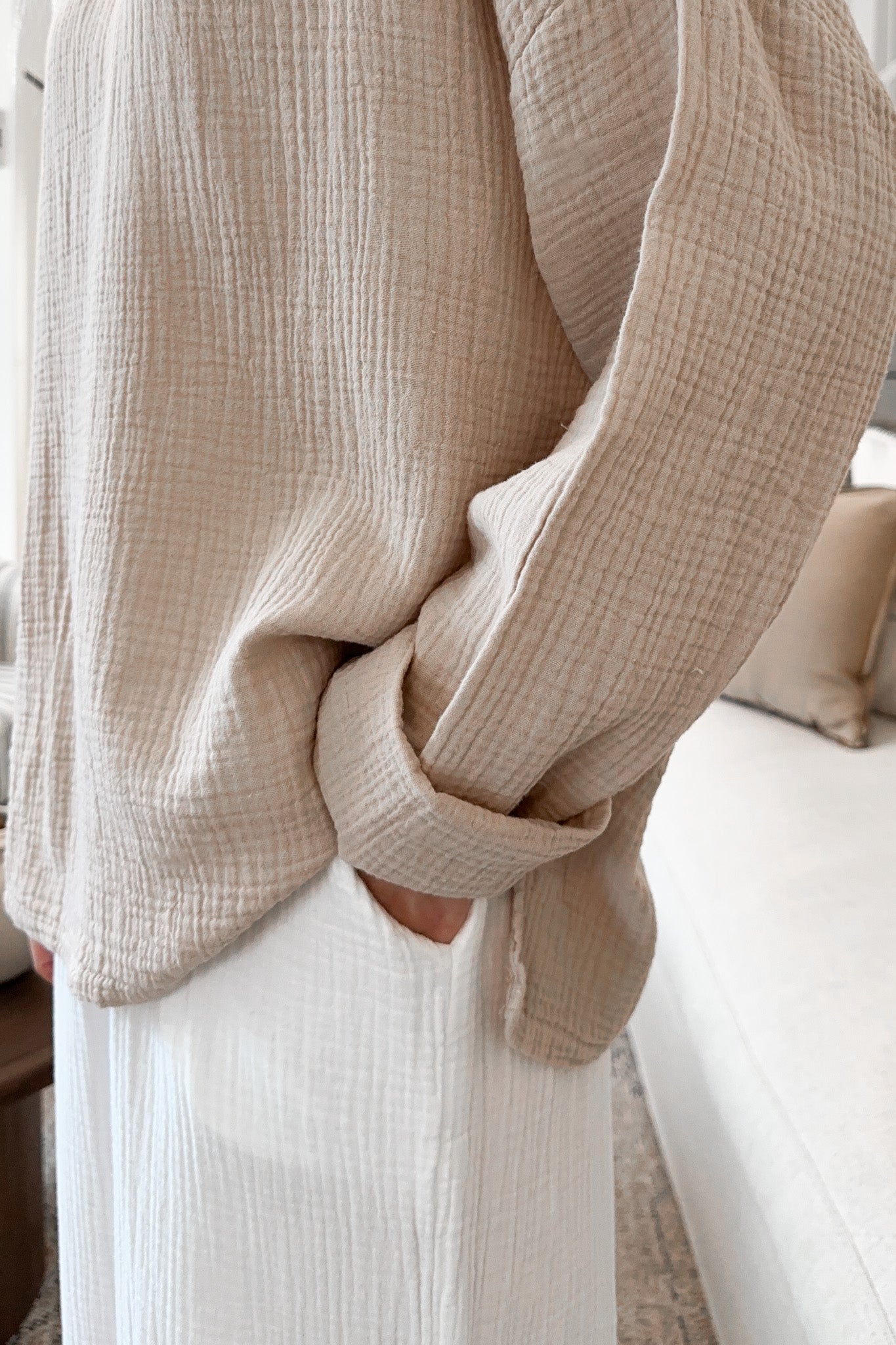 Saturdays Long Sleeve Cotton Blouse in Sand - Neutral Ground