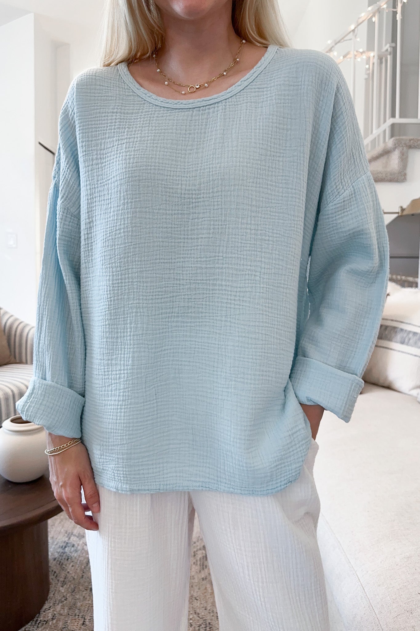 Saturdays Long Sleeve Cotton Blouse in Surf Blue - Neutral Ground