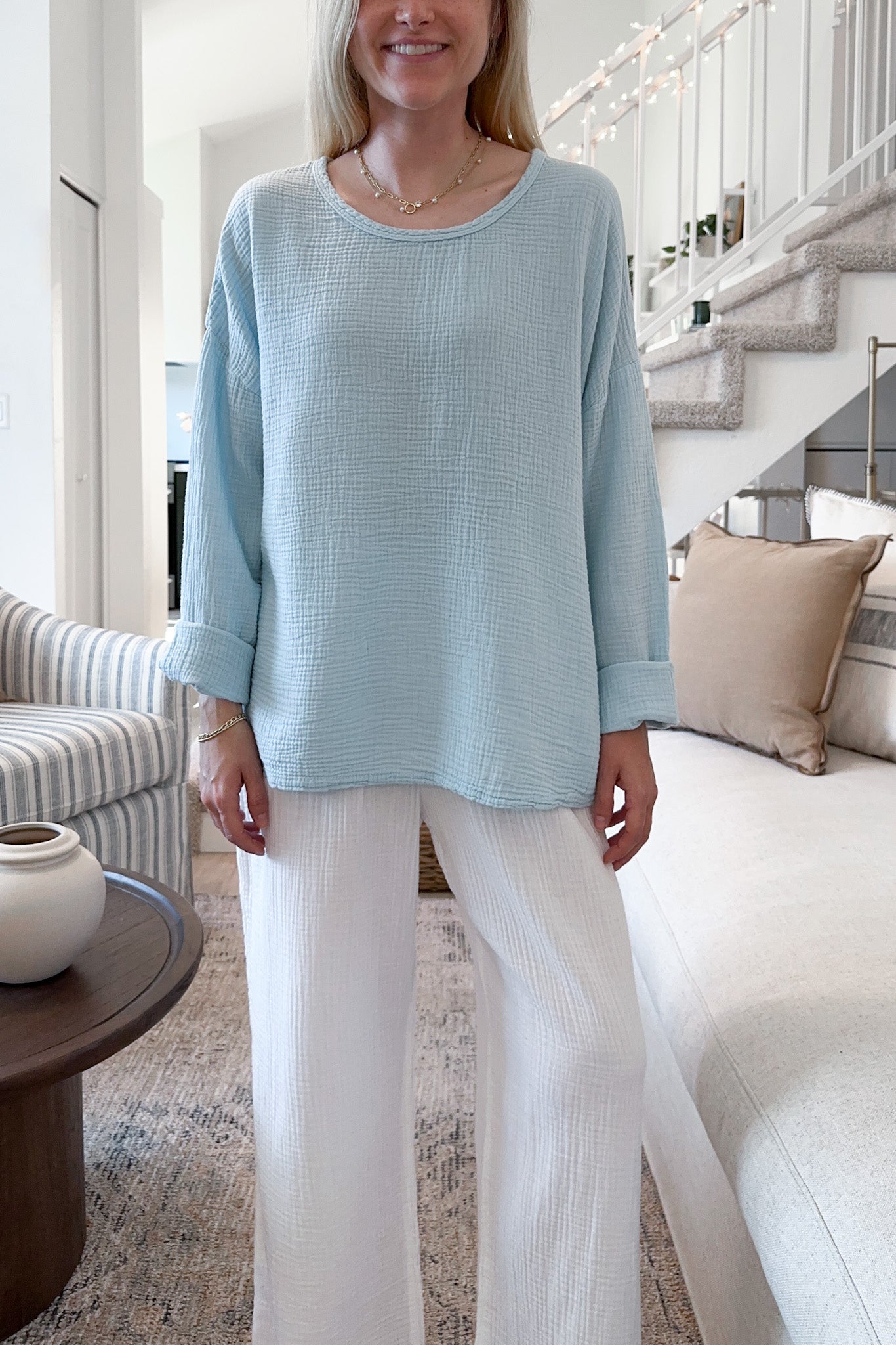 Saturdays Long Sleeve Cotton Blouse in Surf Blue - Neutral Ground