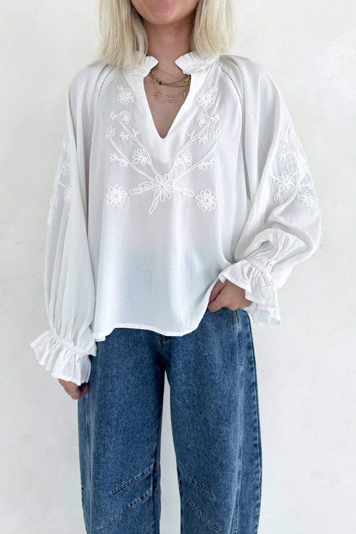 Savannah V Neck Flowy Embroidered Blouse - Neutral Ground