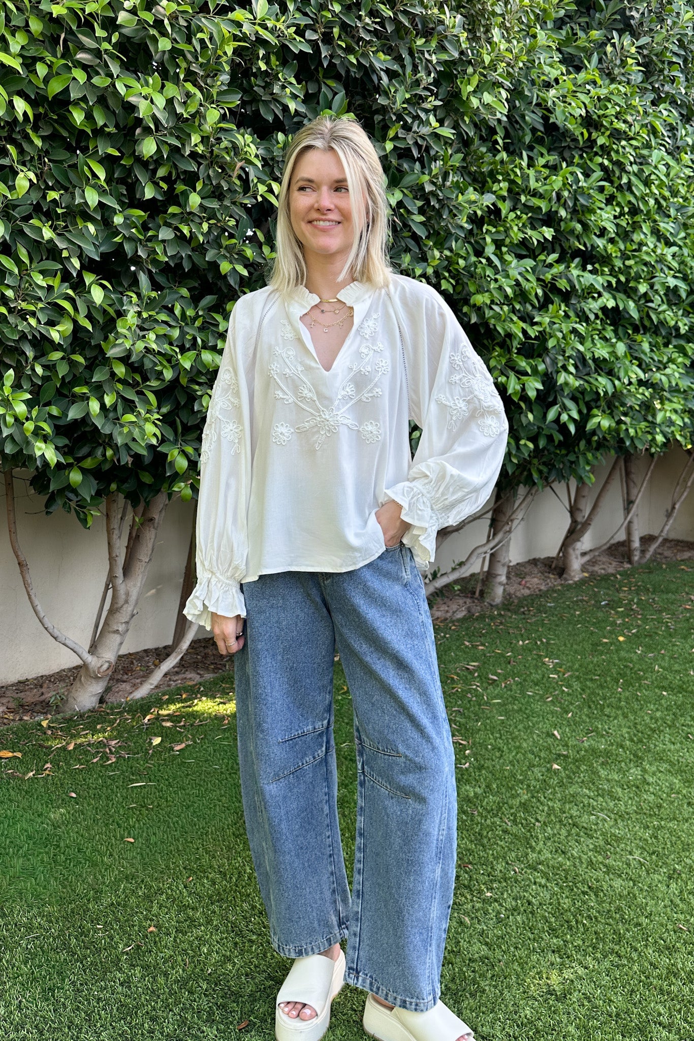 Savannah V Neck Flowy Embroidered Blouse - Neutral Ground