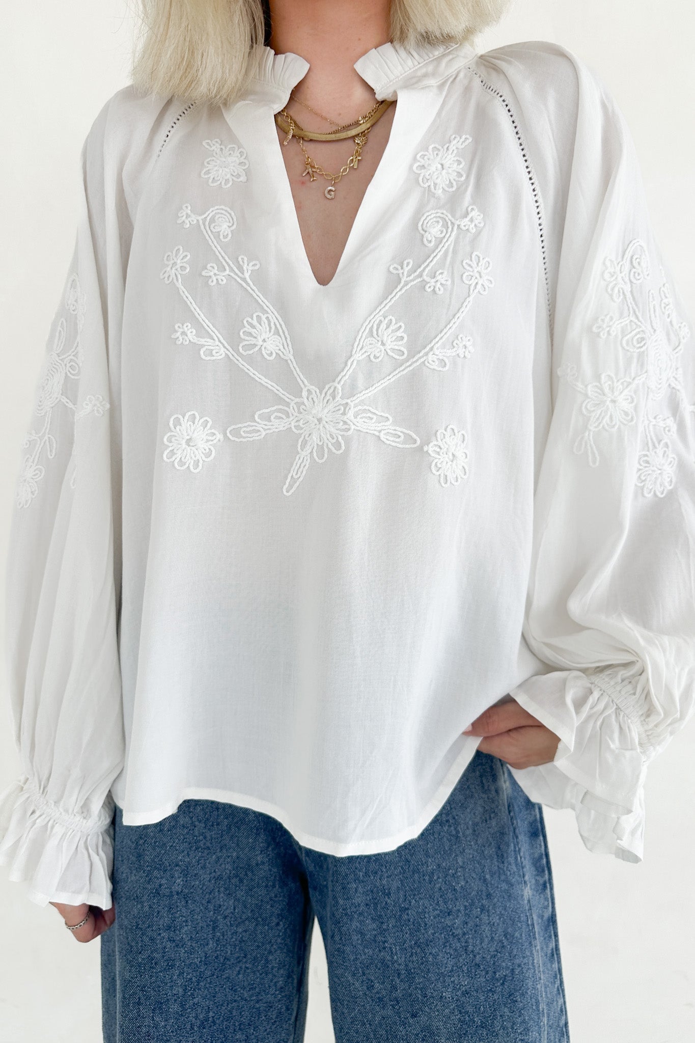 Savannah V Neck Flowy Embroidered Blouse - Neutral Ground