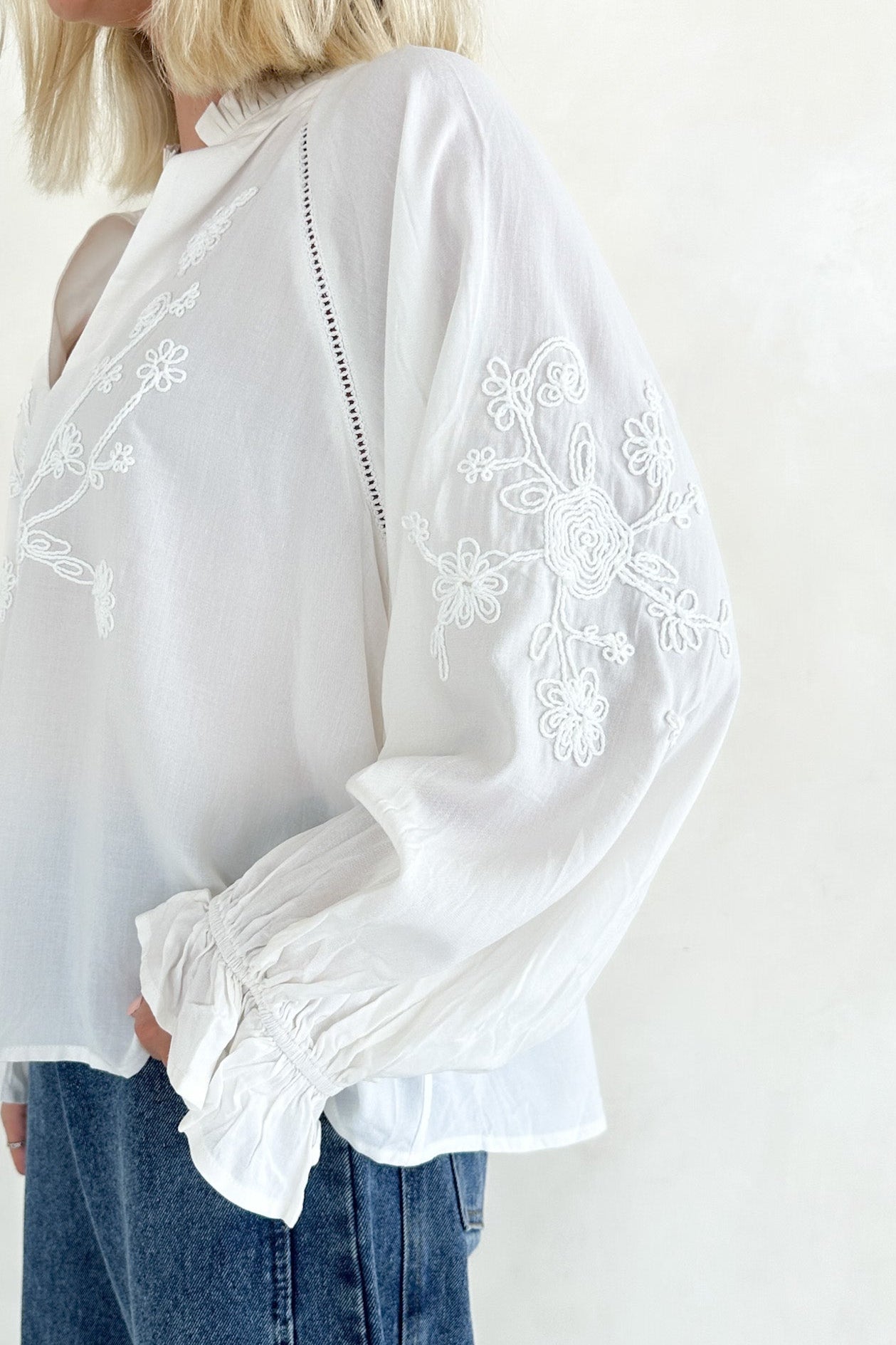 Savannah V Neck Flowy Embroidered Blouse - Neutral Ground