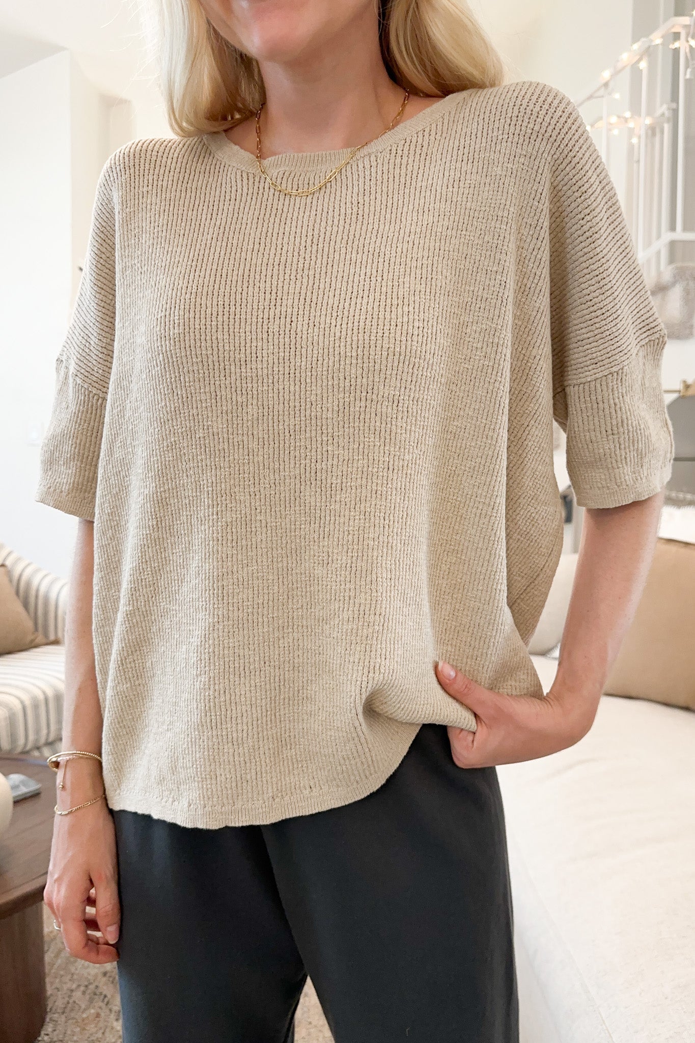 Sierra Short Sleeve Ribbed Knit Top - Neutral Ground