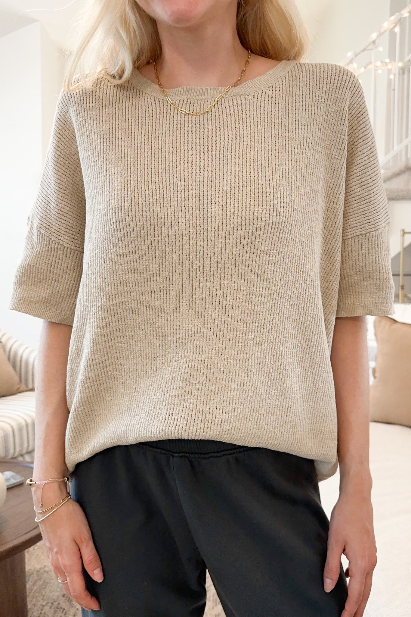 Sierra Short Sleeve Ribbed Knit Top - Neutral Ground