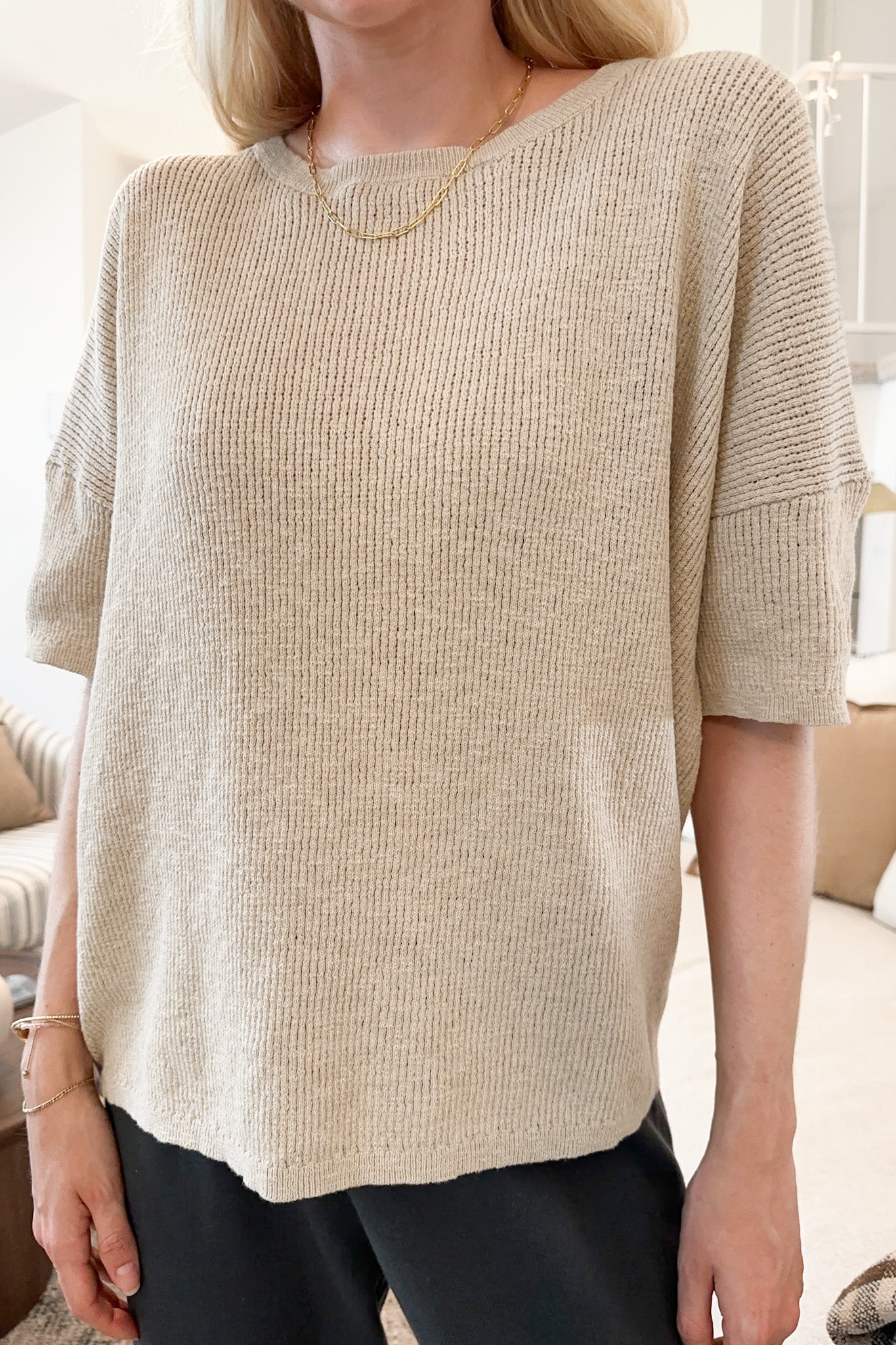 Sierra Short Sleeve Ribbed Knit Top - Neutral Ground